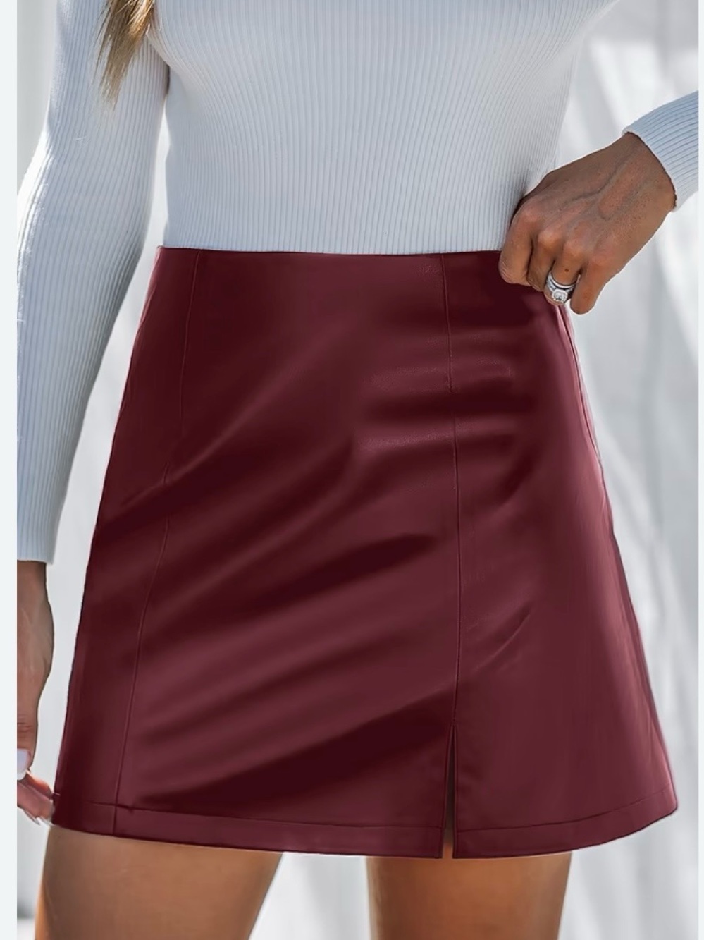 Cupshe Wine Red Faux Leather A-Line Mini Skirt - Size Large